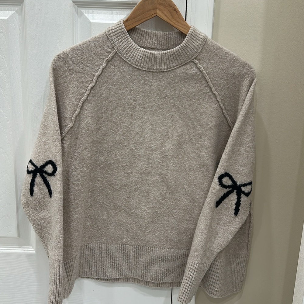 Aerie Beige Sweater with Black Bow Details